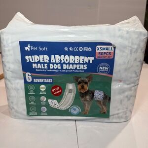 Pet Soft Male Dog Diapers XS 50ct Super Absorbent‎ Disposable Wraps 6-13in Waist